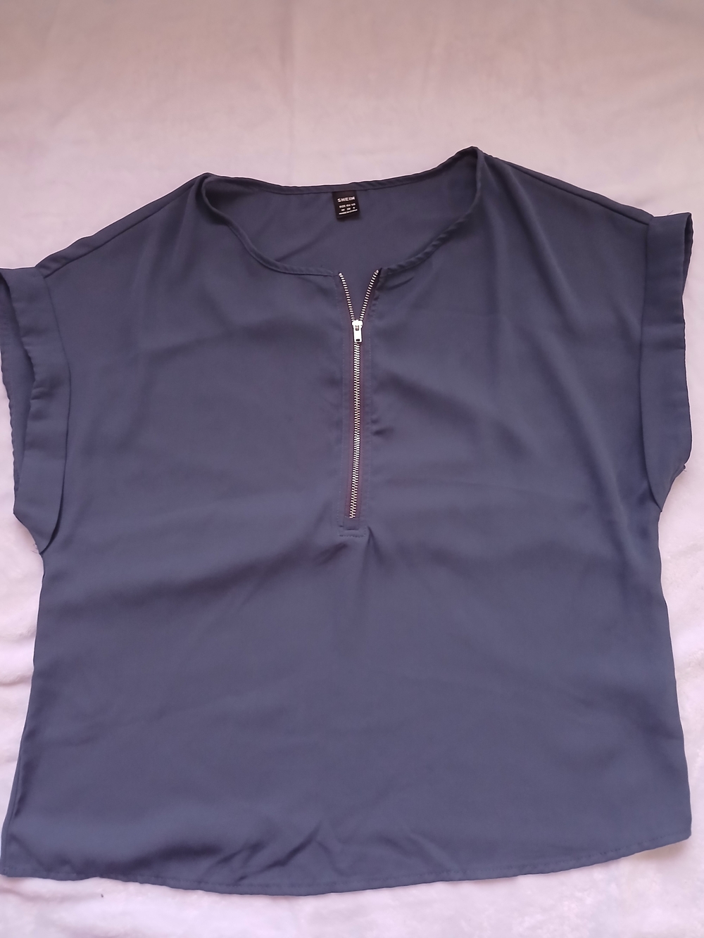 SHEIN Blue/Teal Zip-Front Short Sleeve Blouse